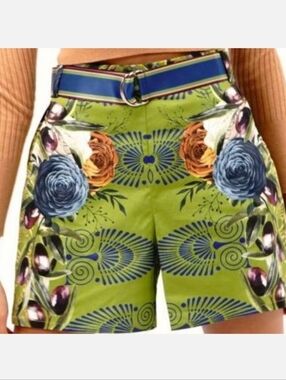 Sassy Jones Olive Grove Poppy Shorts Green Floral & Blue Accent